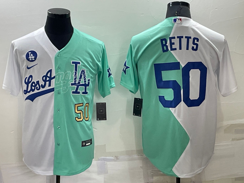 Men's Los Angeles Dodgers #50 Mookie Betts 2022 All-Star White/Green Cool Base Stitched Baseball Jersey Men's Los Angeles Dodgers #50 Mookie Betts 2022 All-Star White/Green Cool Base Stitched Baseball Jersey